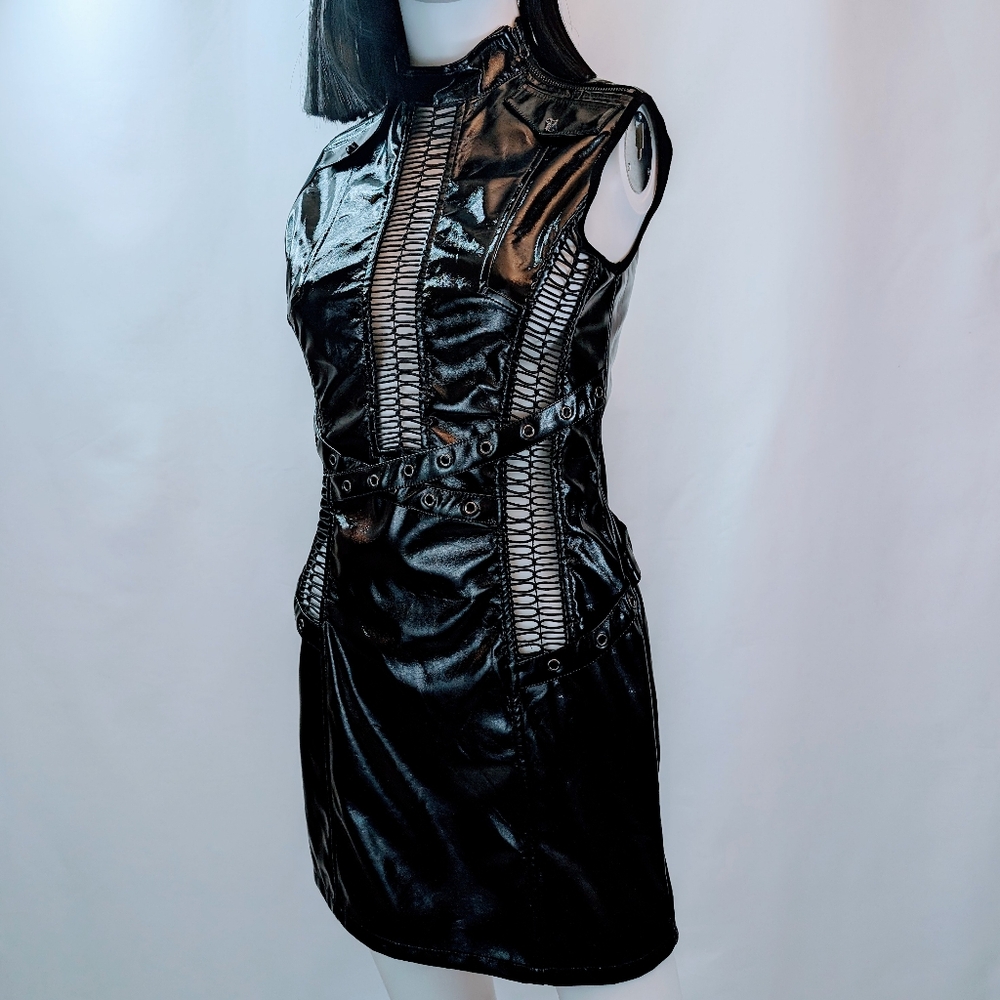 Punk Rave Black Gothic Vinyl Hollowed Out Fetish Mini Dress Size S